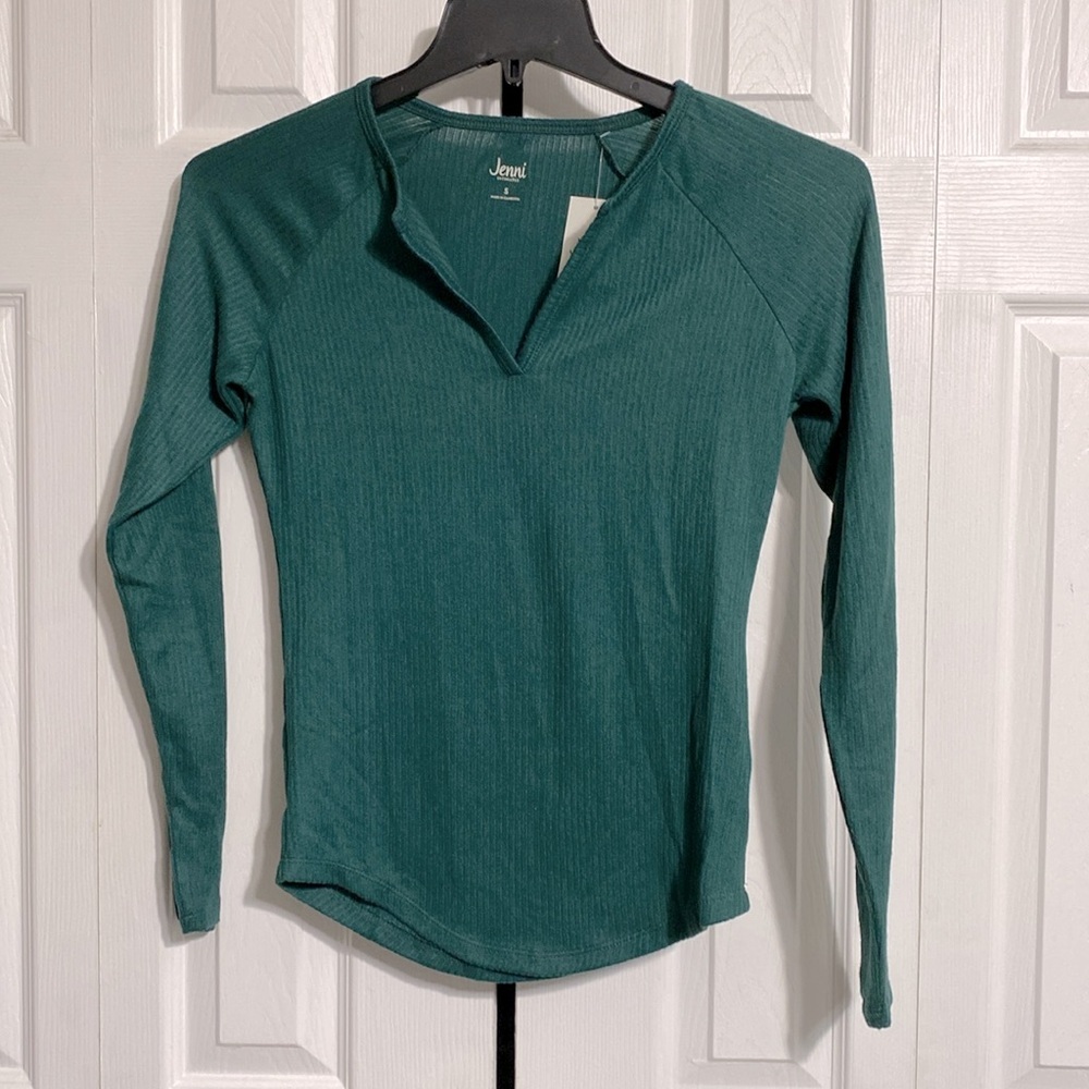 Jenni Women's Long Sleeve Ribbed V-Neck Top - Teal Green Great Christmas Gift!